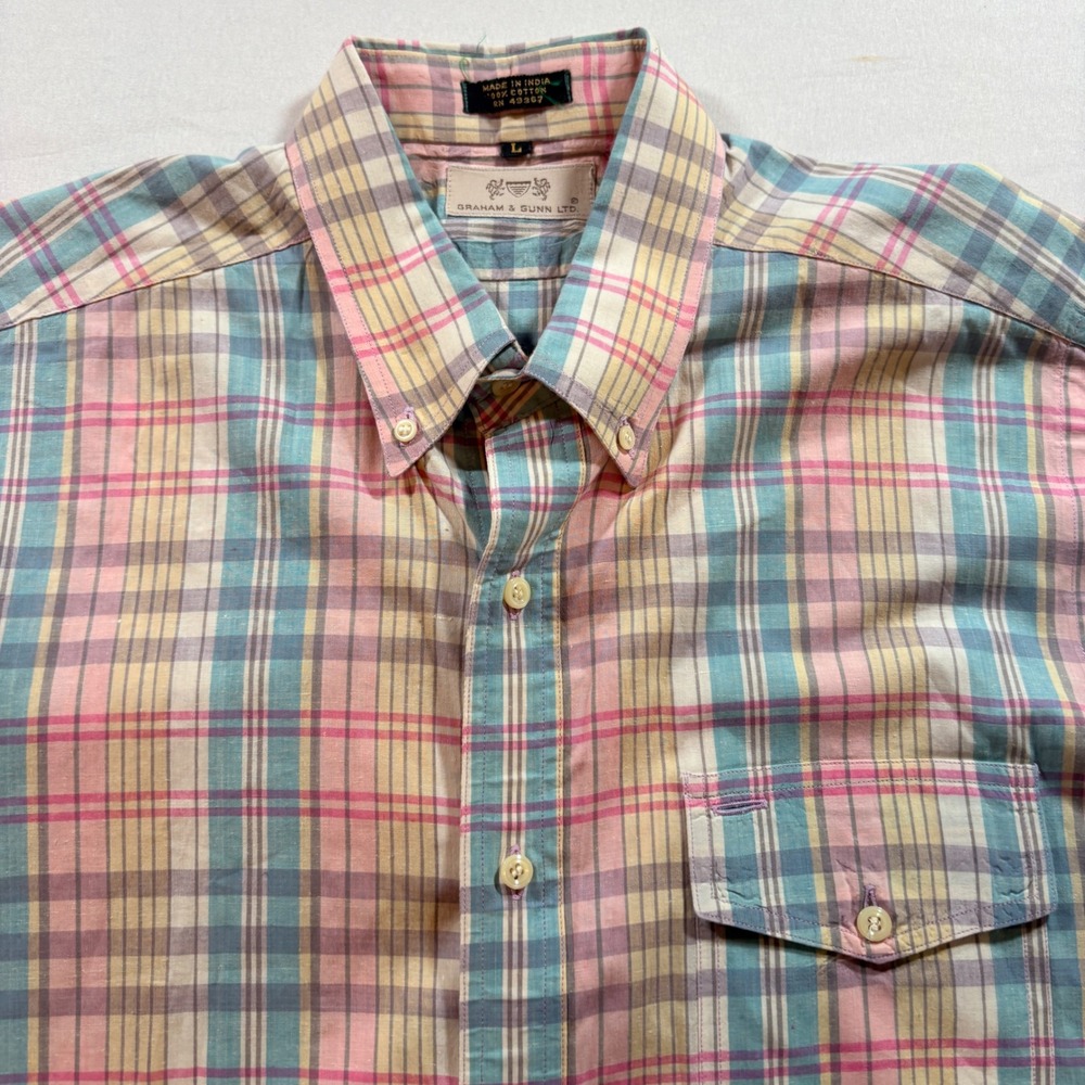 Graham & Gunn Plaid Shirt Mens Large Short Sleeve Cotton Pastel Button Down